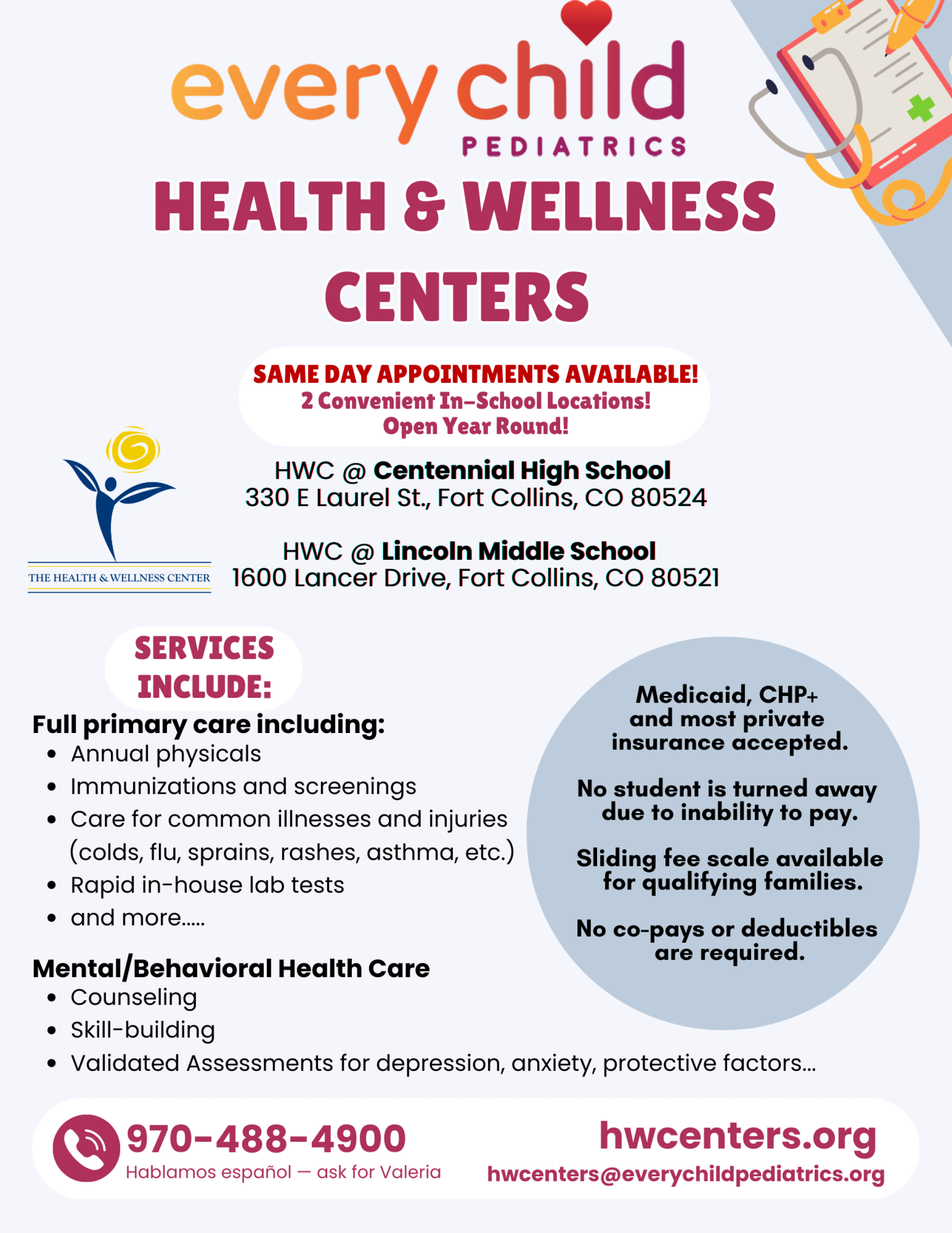 A flier that explains what the Health and Wellness Center at Lincoln provide. 