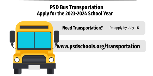 A drawing of a school with information on where to apply for school busing for the 2023-2024 school year.