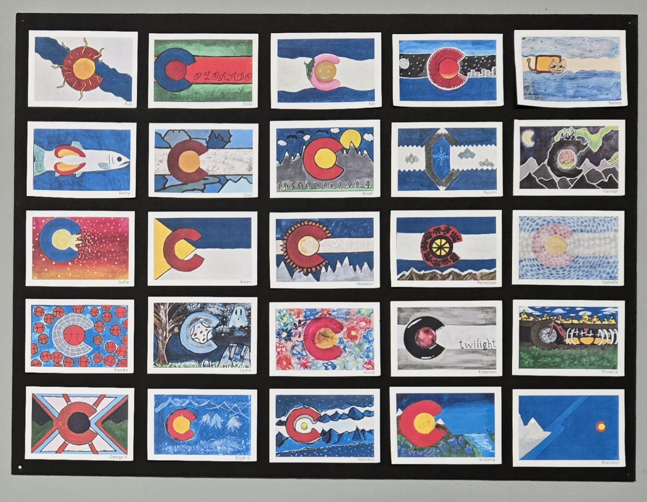Students created a version of the Colorado flag. Every illustration has the iconic C on it. 