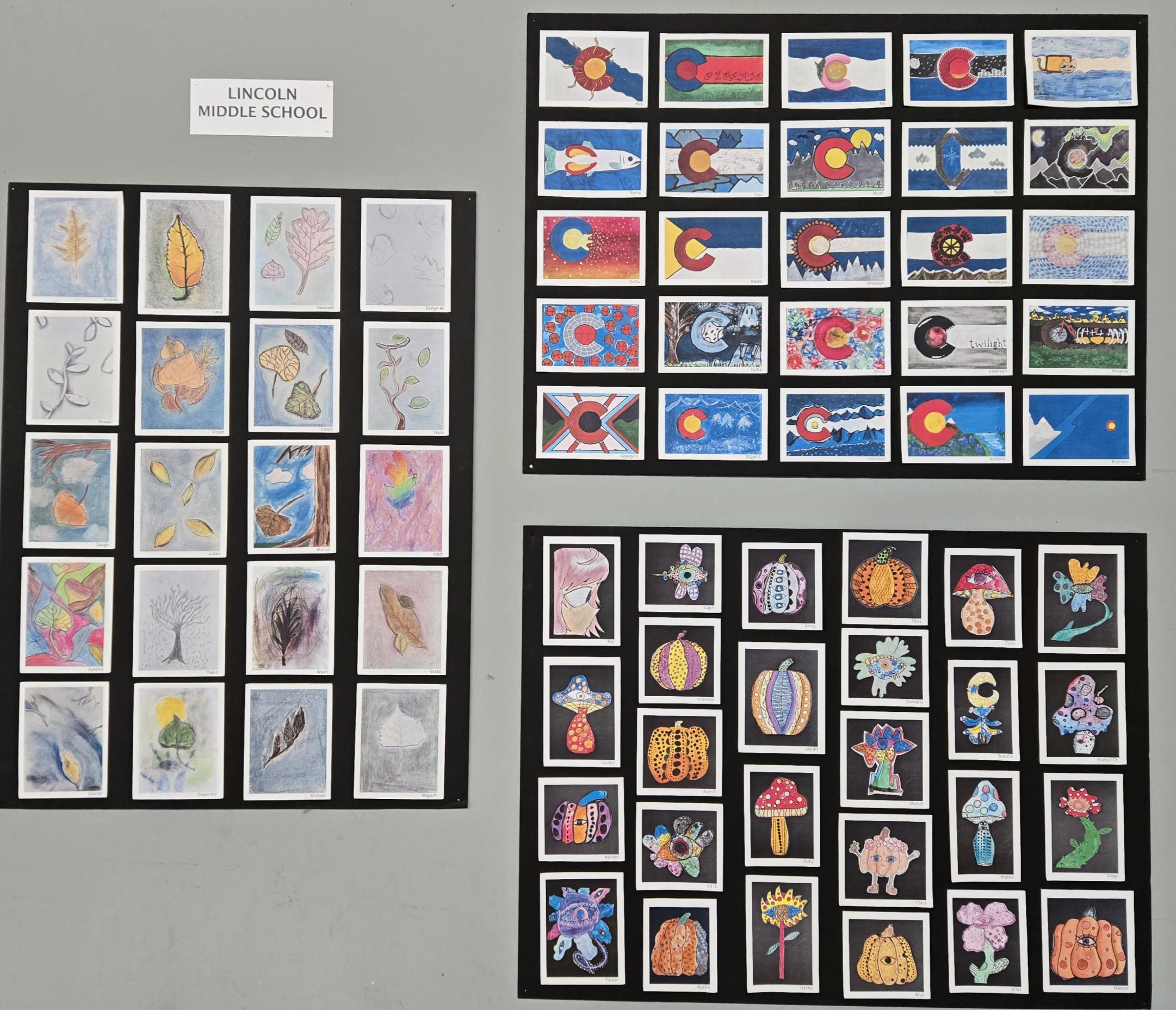 A collection of all the student's art on display at the Designs and Images Exhibition. 